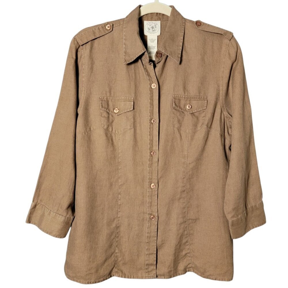 CHAUS Womens Brown Organic Linen Boho Pockets Roll Sleeve Tab Button Up Top S